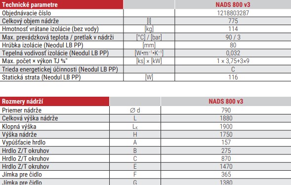 Akumulačná nádrž NADS 800 v3 - technické parametre