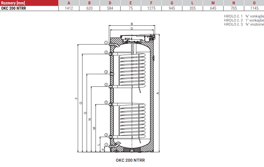 Nepriamoohrevný zásobník teplej vody OKC 200 NTRR - technické parametre