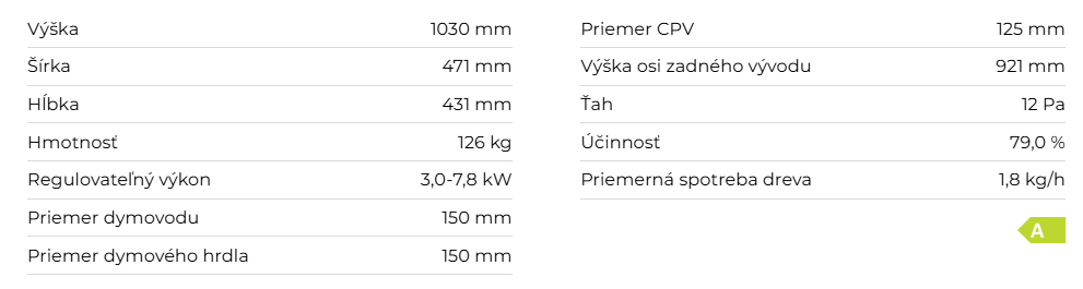 Krbové kachle PARLA T 3S, plech | 3,0 - 7,8 kW - technické parametre