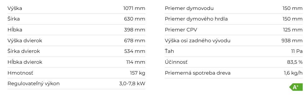 Krbové kachle SONE 02, kameň | 3,0 - 7,8 kW - technické parametre