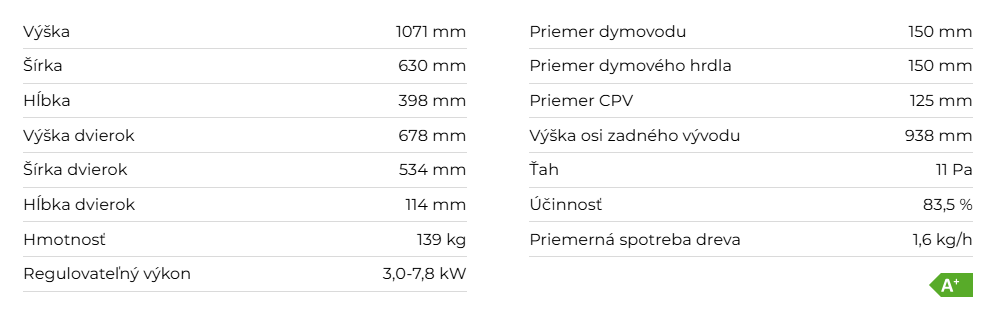 Krbové kachle SONE 05, keramika | 3,0 - 7,8 kW - technické parametre