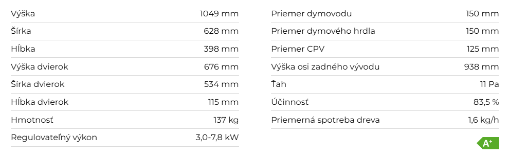 Krbové kachle SONE G 03, plech | 3,0 - 7,8 kW - technické parametre