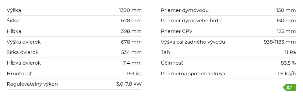Krbové kachle SONE 05 A, keramika | 3,0 - 7,8 kW - technické parametre