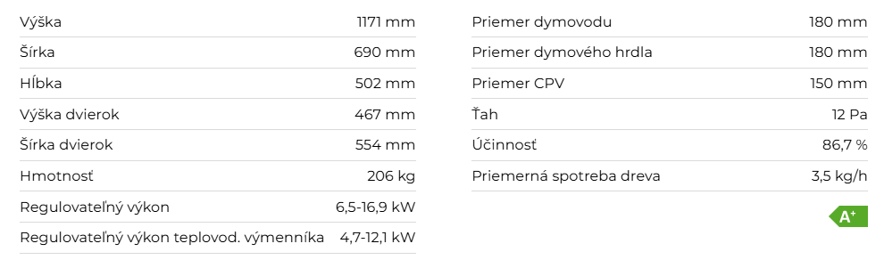 Krbová vložka HEAT W 2G 59.50.01 | 6,5 - 16,9 kW - technické parametre