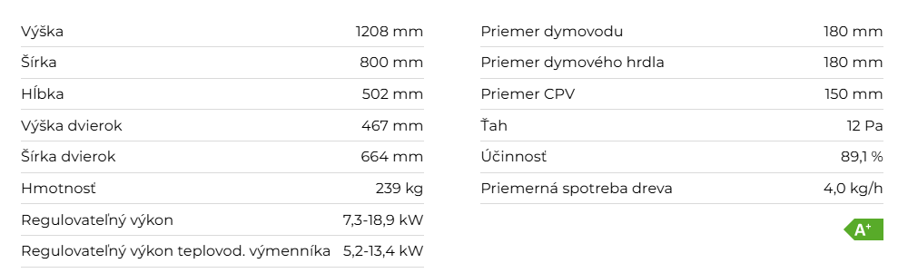 Krbová vložka HEAT W 2G 70.50.01 | 7,3 - 18,9 kW - technické parametre