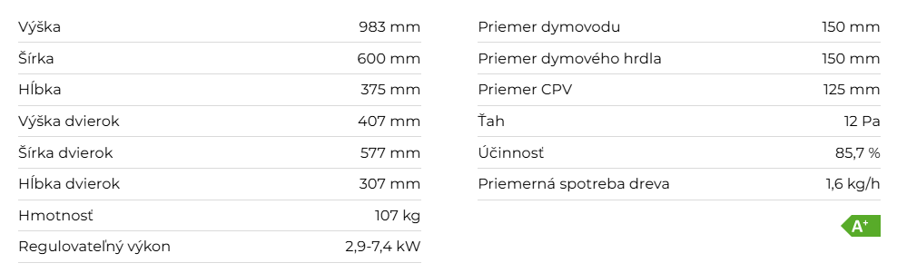Krbová vložka HEAT R/L 2G S 60.44.33.23, pravé prevedenie | 2,9 - 7,4 kW - technické parametre