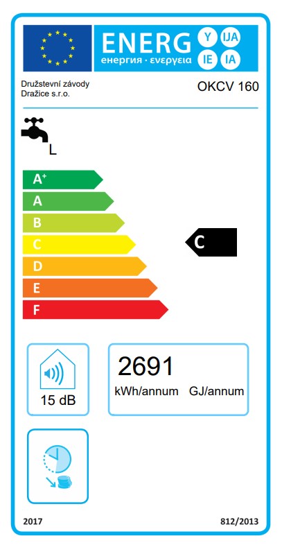 Kombinovaný ohrievač vody OKCV 160 (pravé prevedenie) - energetický štítok