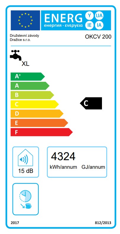 Kombinovaný ohrievač vody OKCV 200 (pravé prevedenie) - energetický štítok