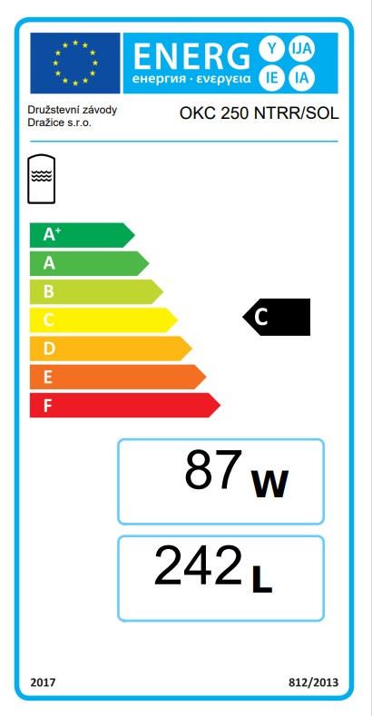 Nepriamoohrevný solárny zásobník teplej vody OKC 250 NTRR/SOL - energetický štítok